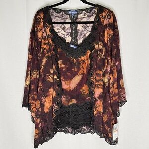 Bohemian Tie-Dye Lace Blouse and Cami Set
